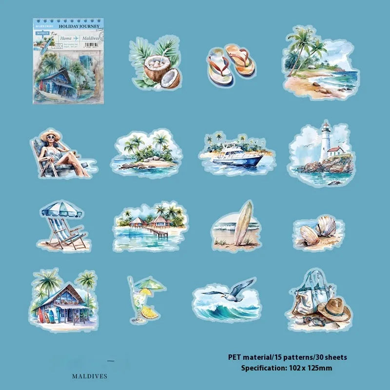 Holiday Journey Series architecture journal stickers showing six retro landmark designs
