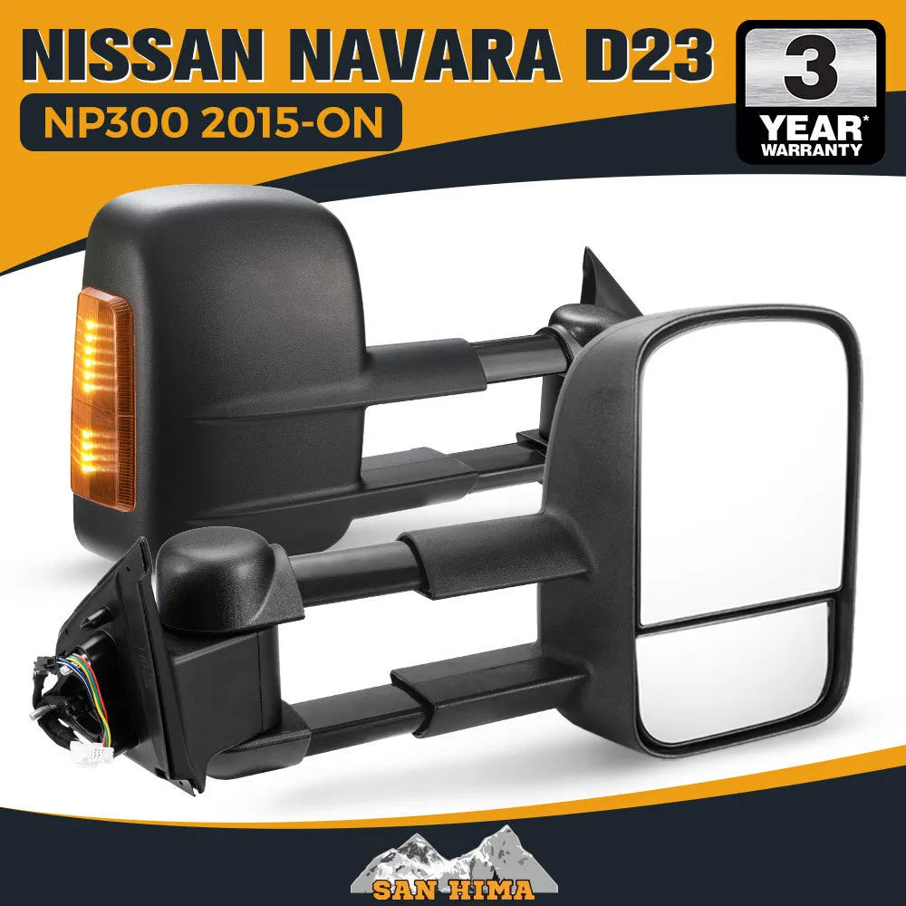 Pair of black electric wing mirrors with integrated side light for Nissan NP300 Navara.