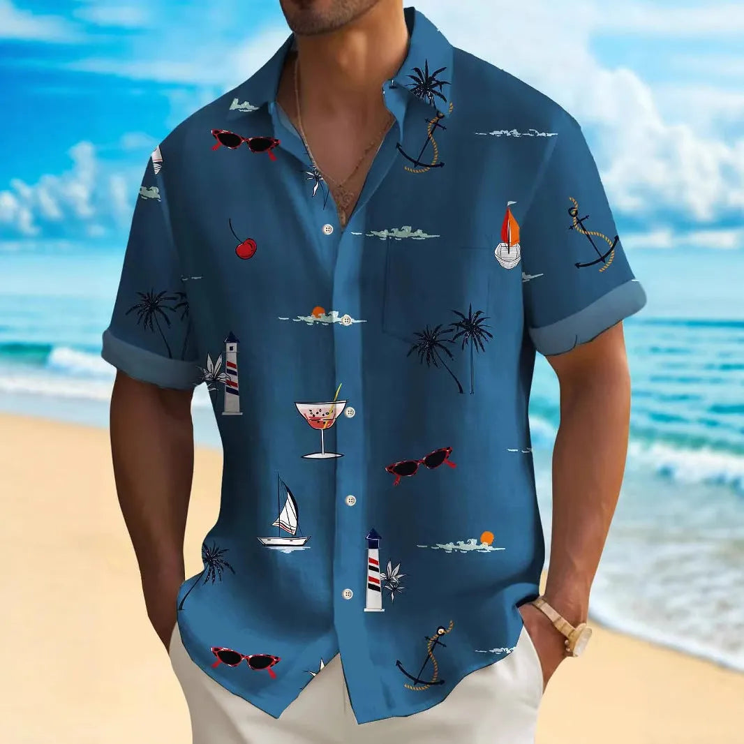 Man wearing a loose-fit, short-sleeve Hawaiian shirt with a colourful digital printed tropical pattern.