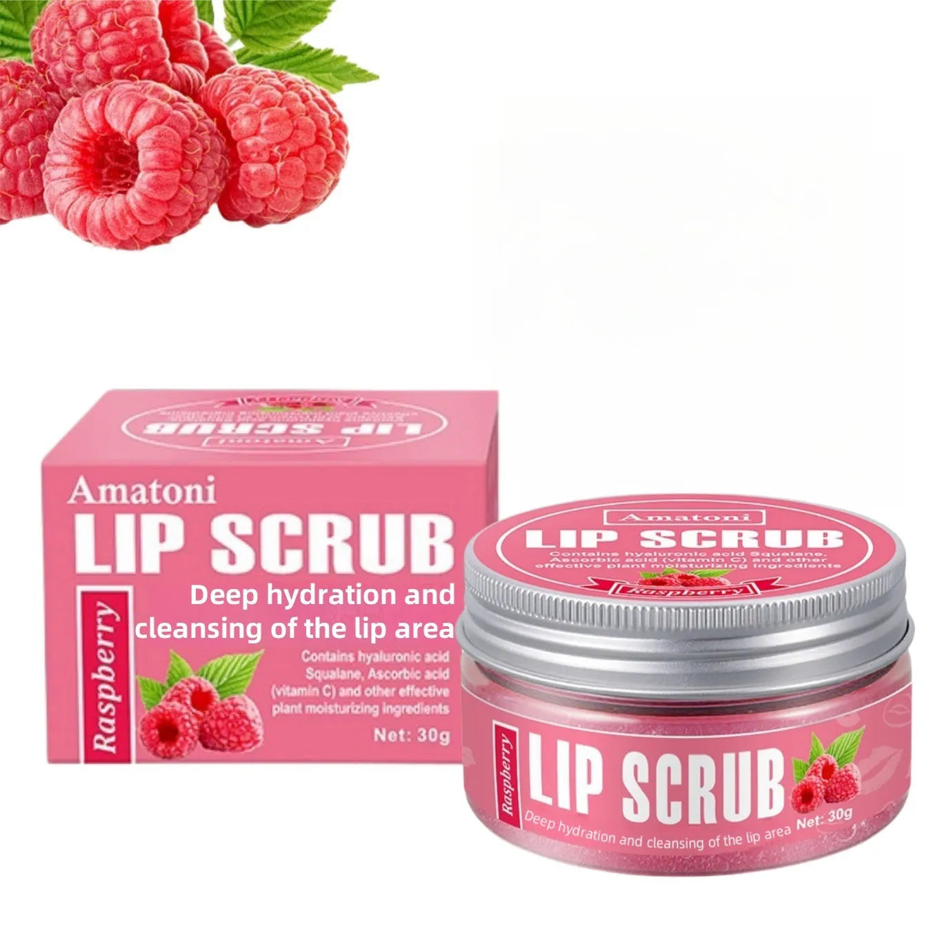 30g pot of Amatoni fruit flavour lip scrub cream for exfoliating and moisturising lip care.