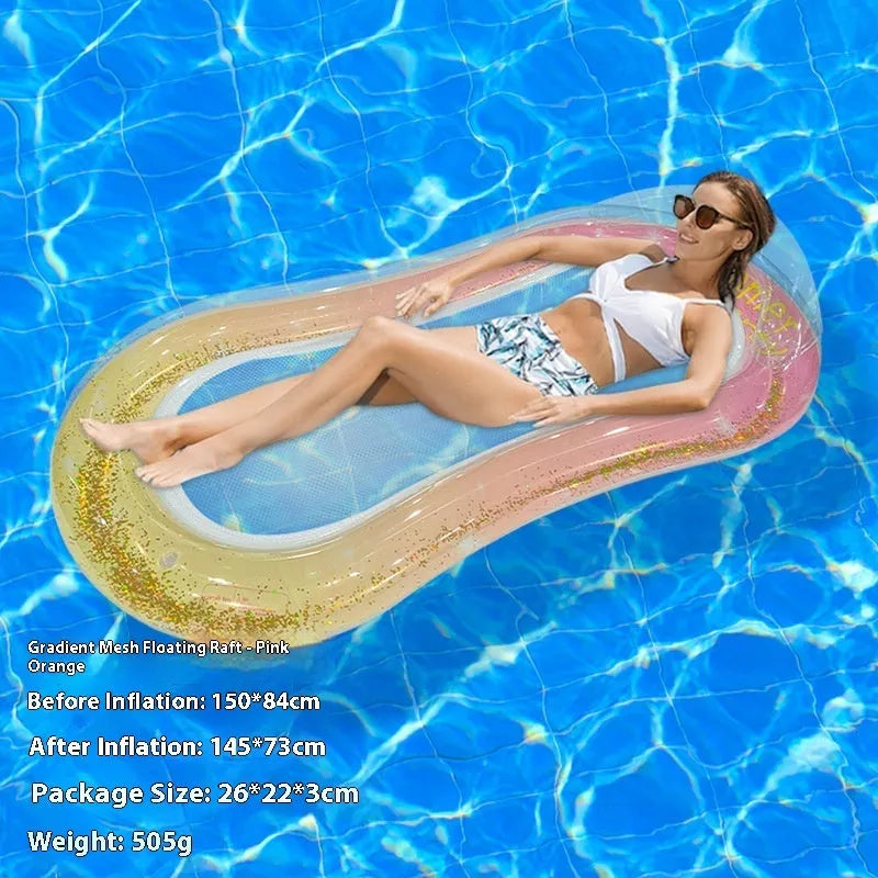PVC inflatable floating row pool lounge in gradient sequin blue-purple wave design with canopy
