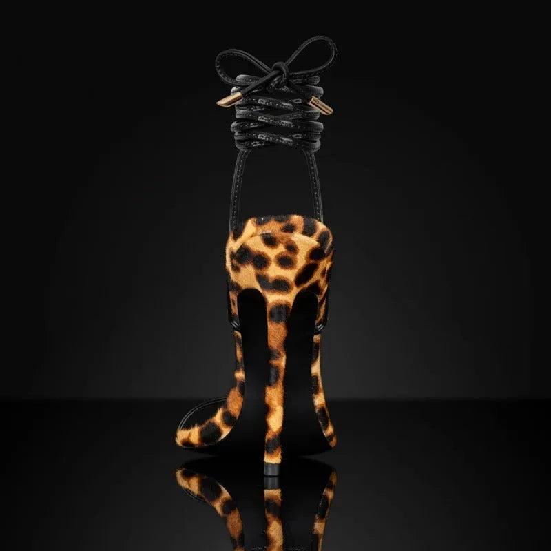 Women's leopard print pointed toe sandals with Roman lace-up and buckle closure
