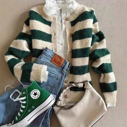 Green and white striped loose fit acrylic fibre knitted cardigan for women