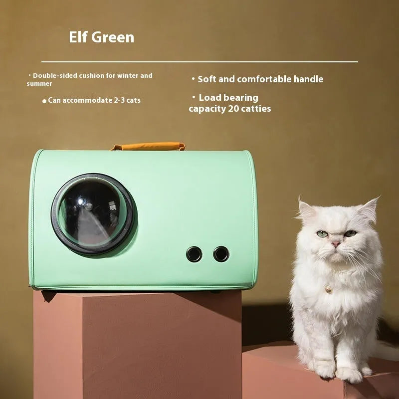 Synthetic portable pet carrier bag for small dogs and cats showing colour options and shoulder strap.