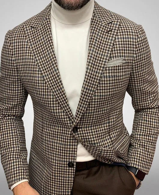 Men's British style slim fit suit jacket with two-button front and top-stitching pockets