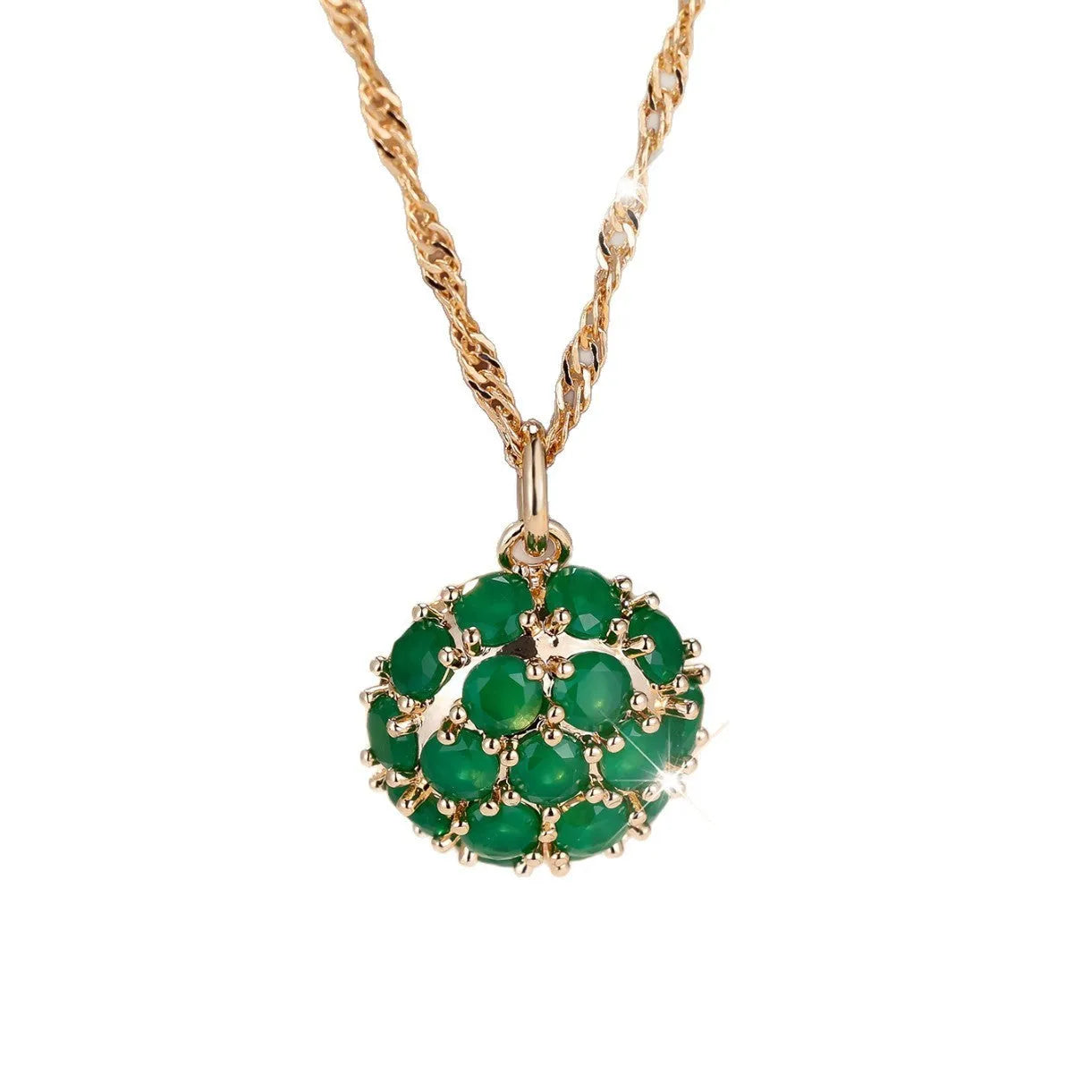 Round emerald diamond necklace with champagne gold electroplated finish on geometric pendant and chain