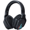 Luminous black wireless gaming headphones showing head-mounted design and included 3.5mm cable.