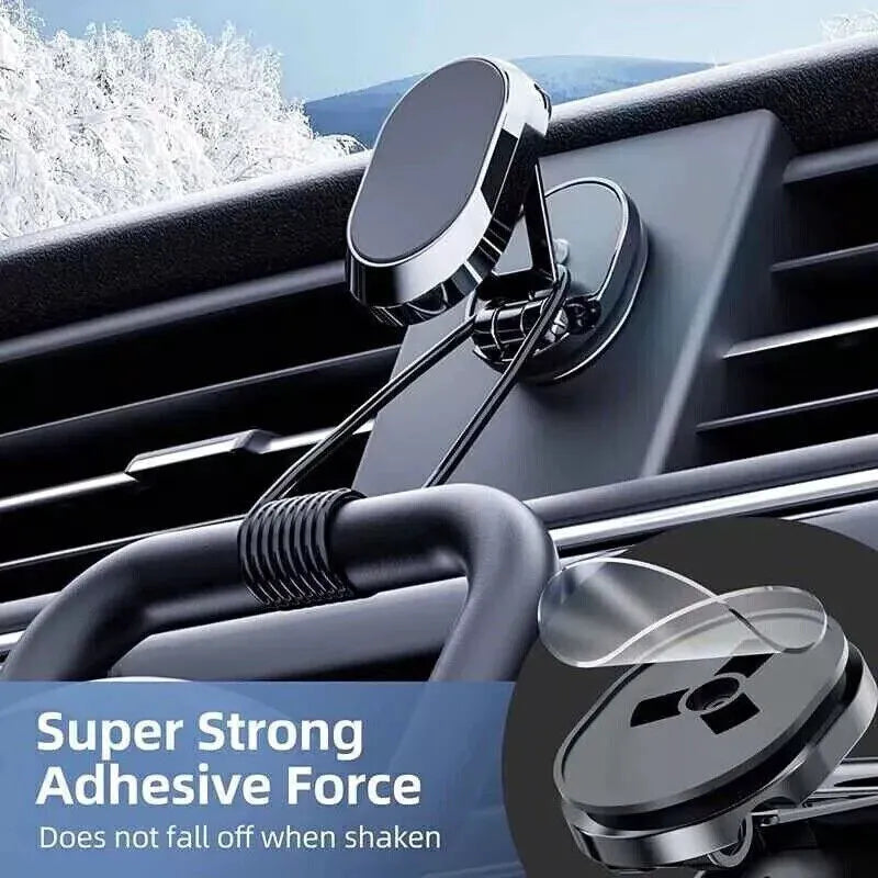 Chrome folding magnetic car phone holder mounted on a dashboard, shown in both extended and compact folded positions.