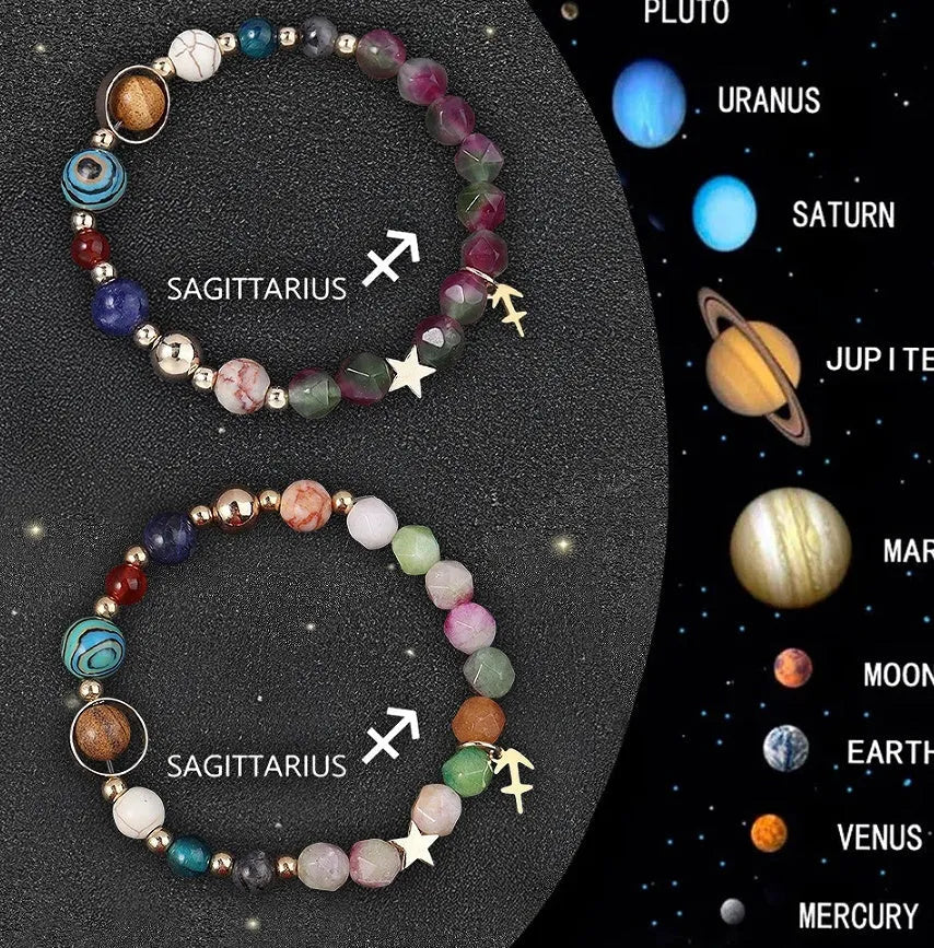 Two adjustable natural stone beaded bracelets showing zodiac sign designs on a neutral background
