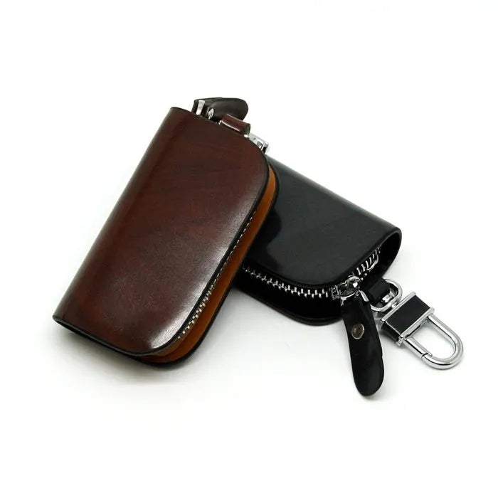 Genuine leather car key case with frosted finish showing black and brown colour options