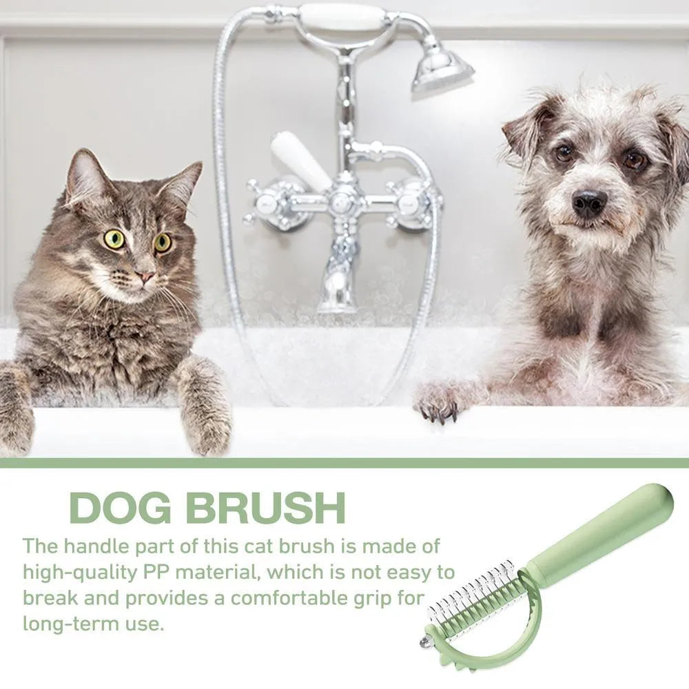 Blue dinosaur-shaped self-cleaning cat brush with double-sided stainless steel slicker pins.