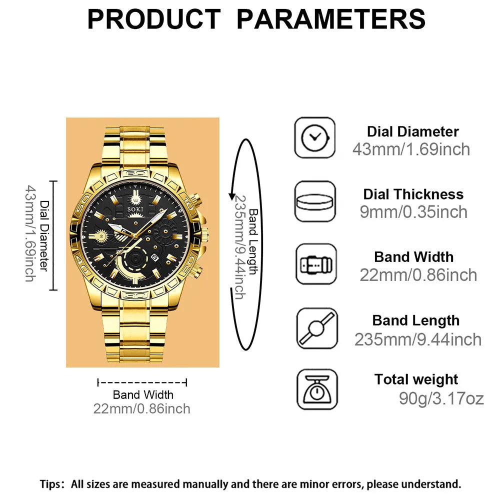 Men's gold business quartz watch with stainless steel strap showing 10mm thickness and single folding buckle