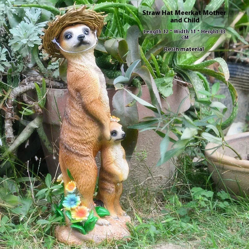 Plastic resin mongoose ornament set with straw hats and gardening tools for bonsai decoration