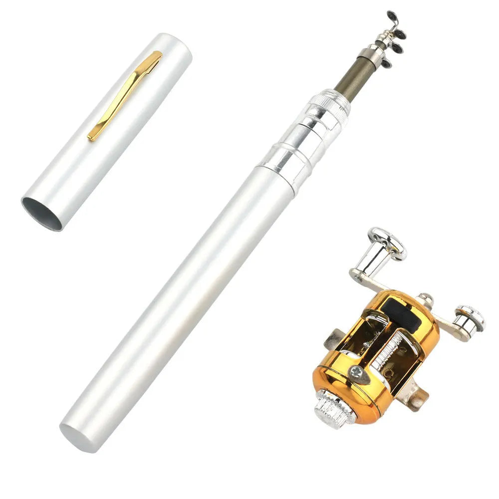 Portable telescopic pen fishing rod kit collapsed to 20.5cm next to its ST5RL fishing reel.