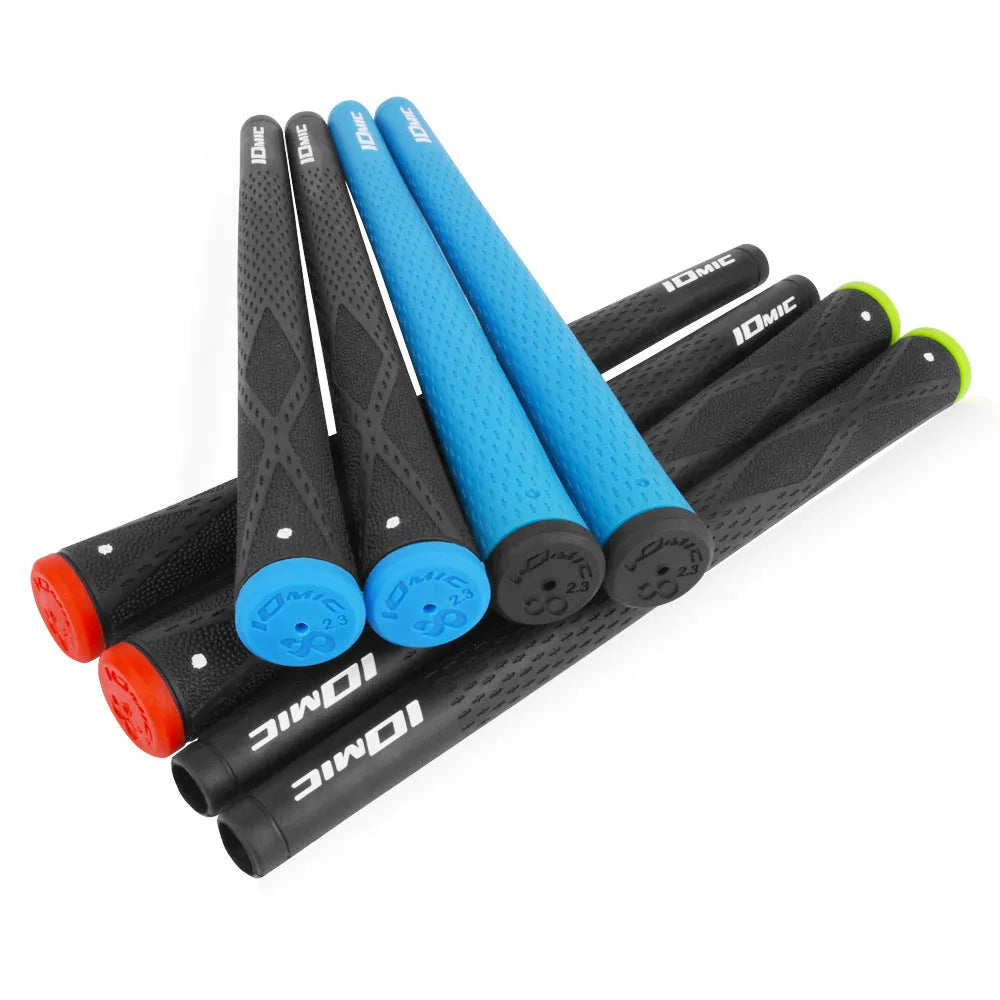 TPE golf club replacement grip shown in assorted colours including pink, red, blue, white, and black with coloured heads.