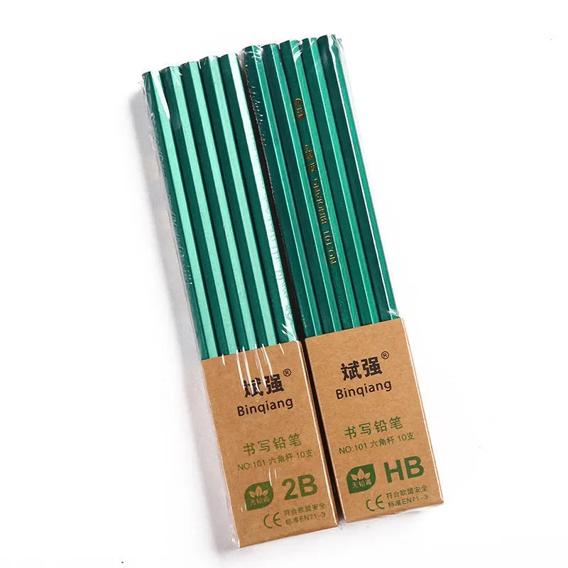 Green Rod box containing ten wooden hexagonal pencils with HB and 2B graphite grades.