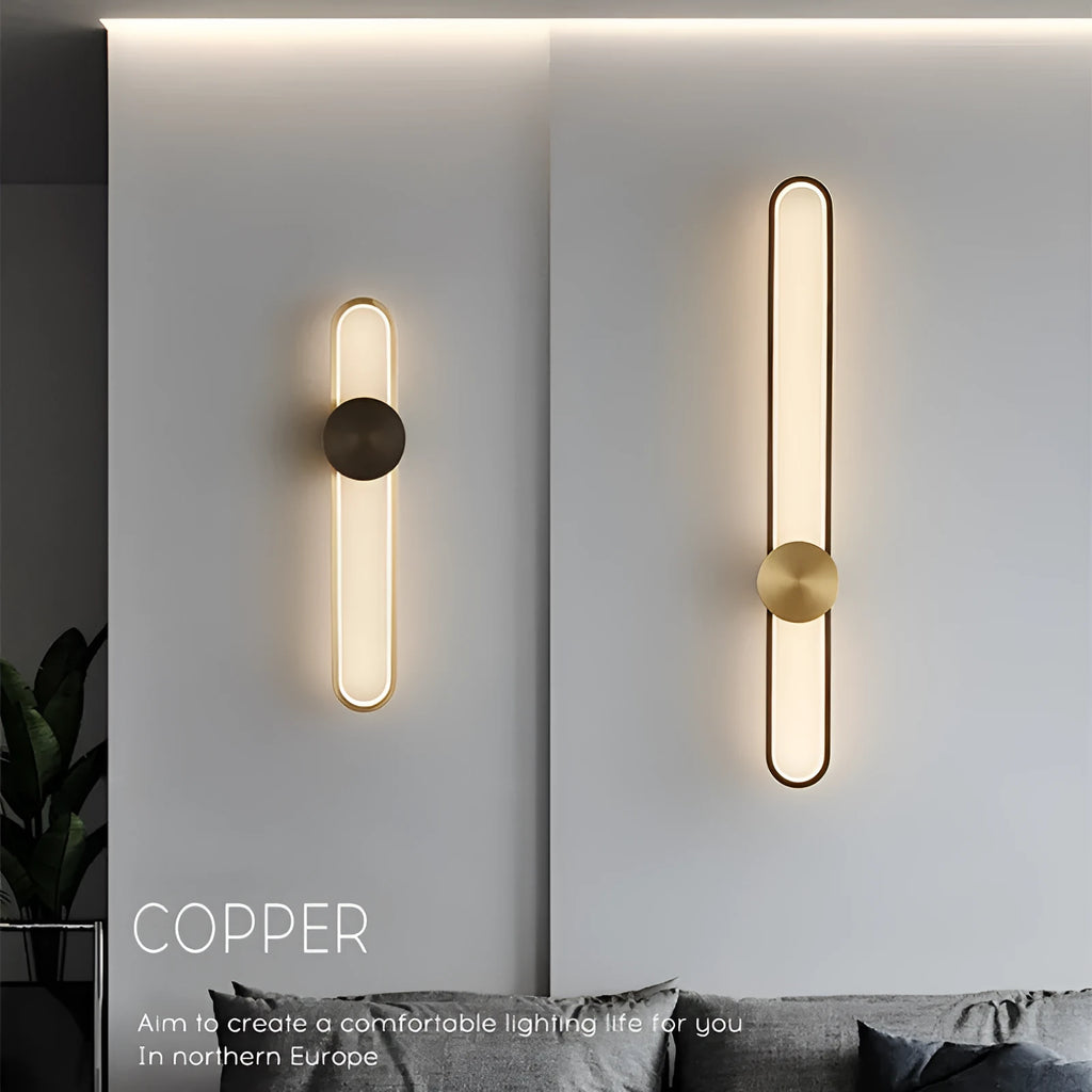 Modern minimalist wall lamp with iron shade and LED lighting in contemporary living room setting