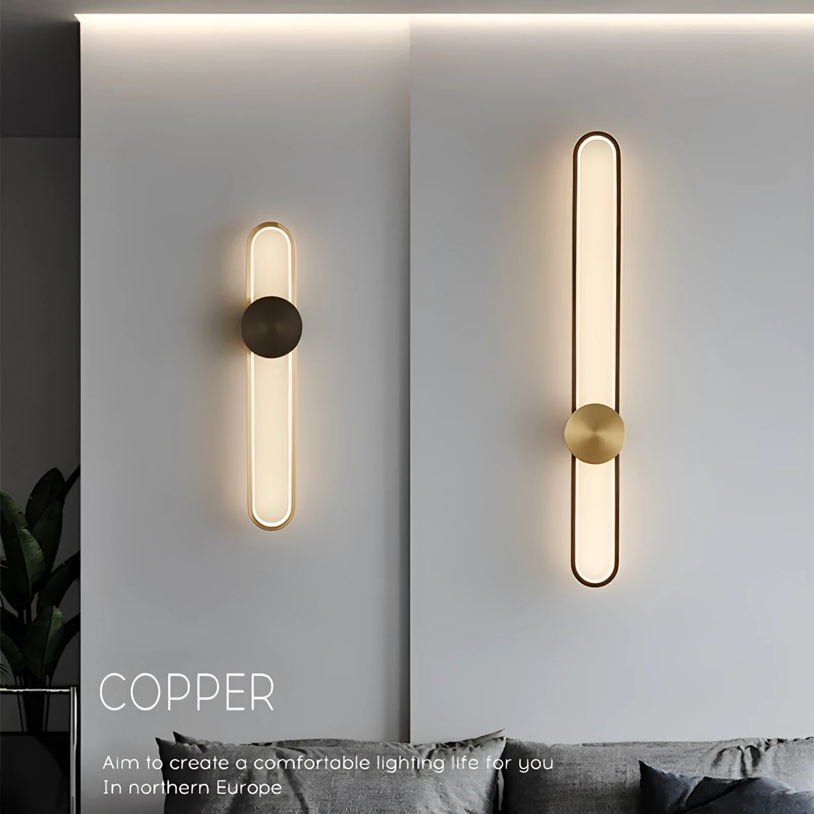 Modern minimalist wall lamp with iron shade and LED lighting in contemporary living room setting