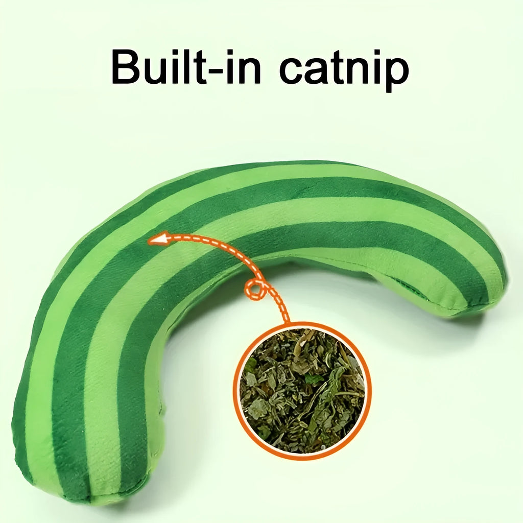 Striped pattern cat pillow toy with built-in catnip strip measuring 23x20cm