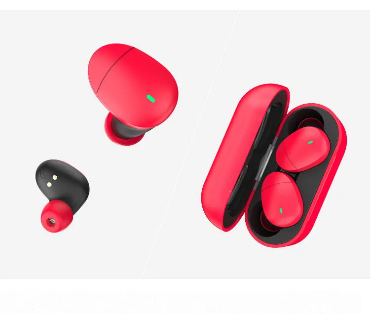Flame red Qualcomm TWS 3040 true wireless Bluetooth earbuds with charging case.