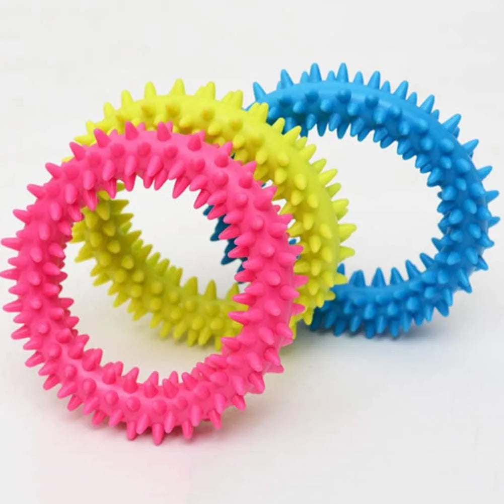 Blue TPR spiky circle ring dog chew toy for dental cleaning and bite training.