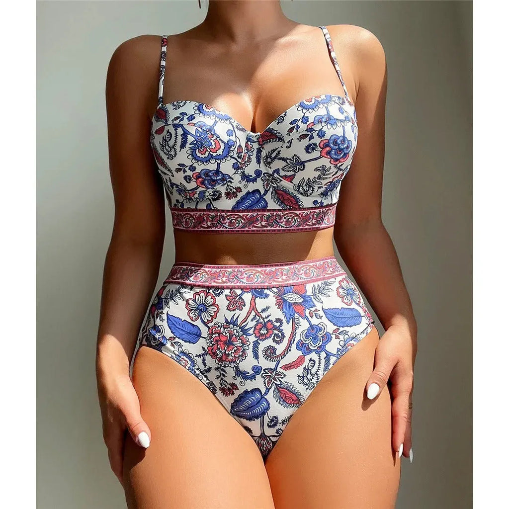 Blue high-waist push-up bikini for women on a mannequin showing front and back views