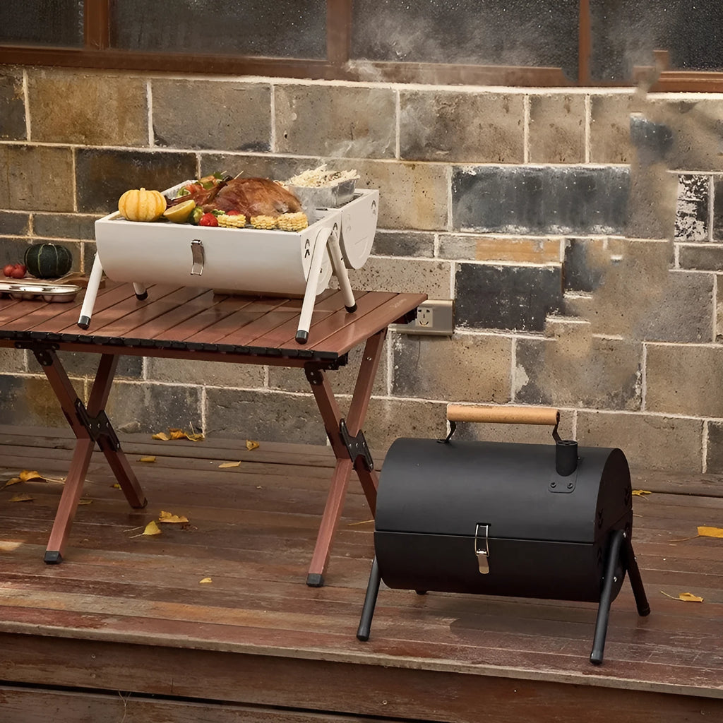 White round portable charcoal grill with chimney oven design for frying and baking