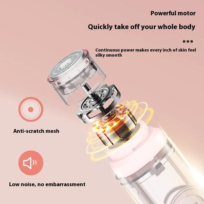 White and pink portable electric body hair trimmer with floating blades and USB charging cable.