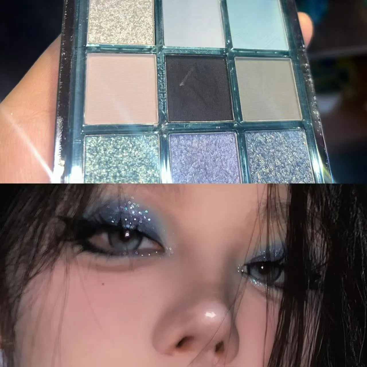 MUGELEEN nine-colour eye shadow palette showing low saturation blue smoked matte shimmer diamond debris finishes