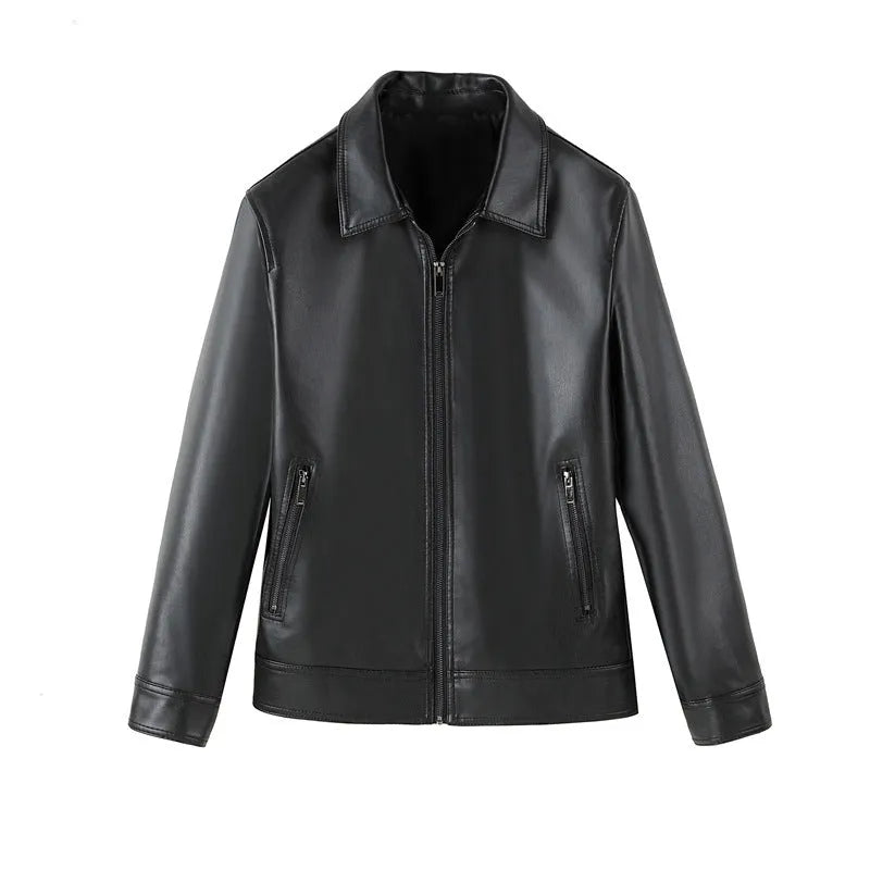 Men's black PU leather casual jacket with regular length and loose fit