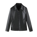 Men's black PU leather casual jacket with regular length and loose fit
