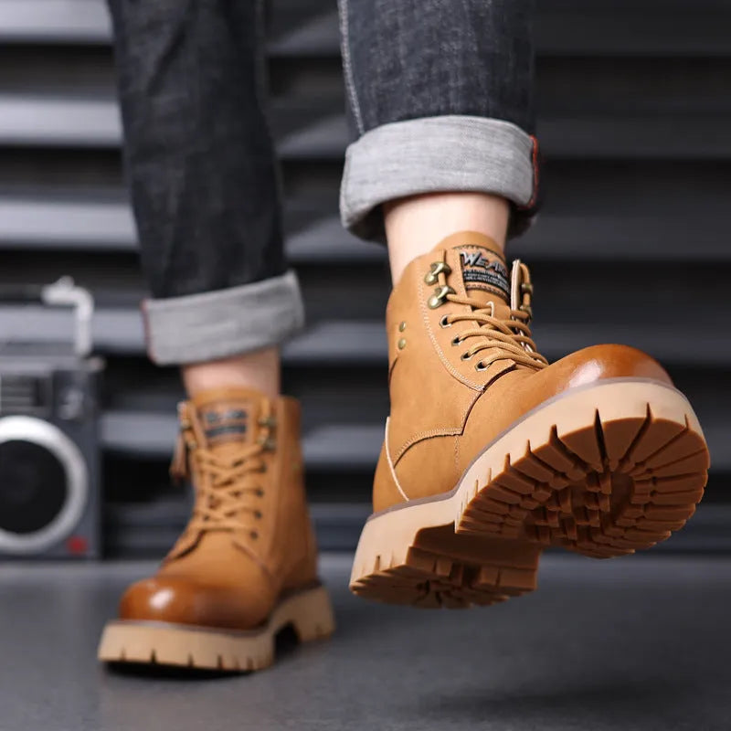 Men's brown high-top leather Martin boots with side zip and a mid-height heel.