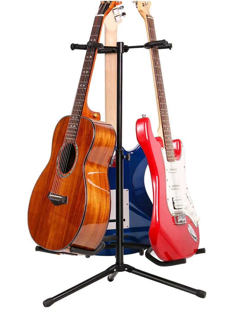 Black vertical double-headed adjustable guitar stand holding two instruments