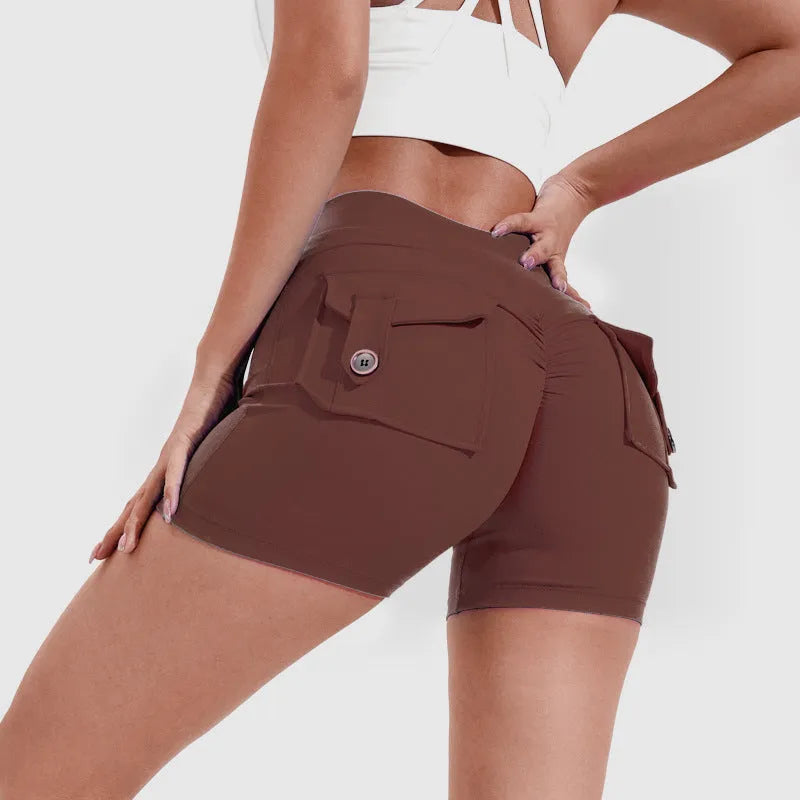 Women's high waist quick-dry nylon sports shorts with pockets in avocado green colour