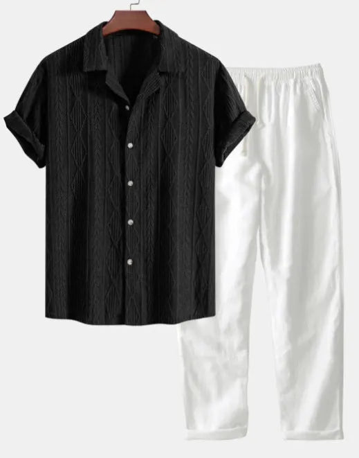 Casual slim fit short-sleeved shirt and trousers suit set with digital camouflage print, cardigan-style lapel.