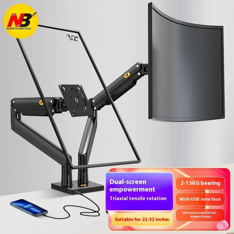 Dual screen monitor arm bracket in aluminium alloy with mechanical height adjustment