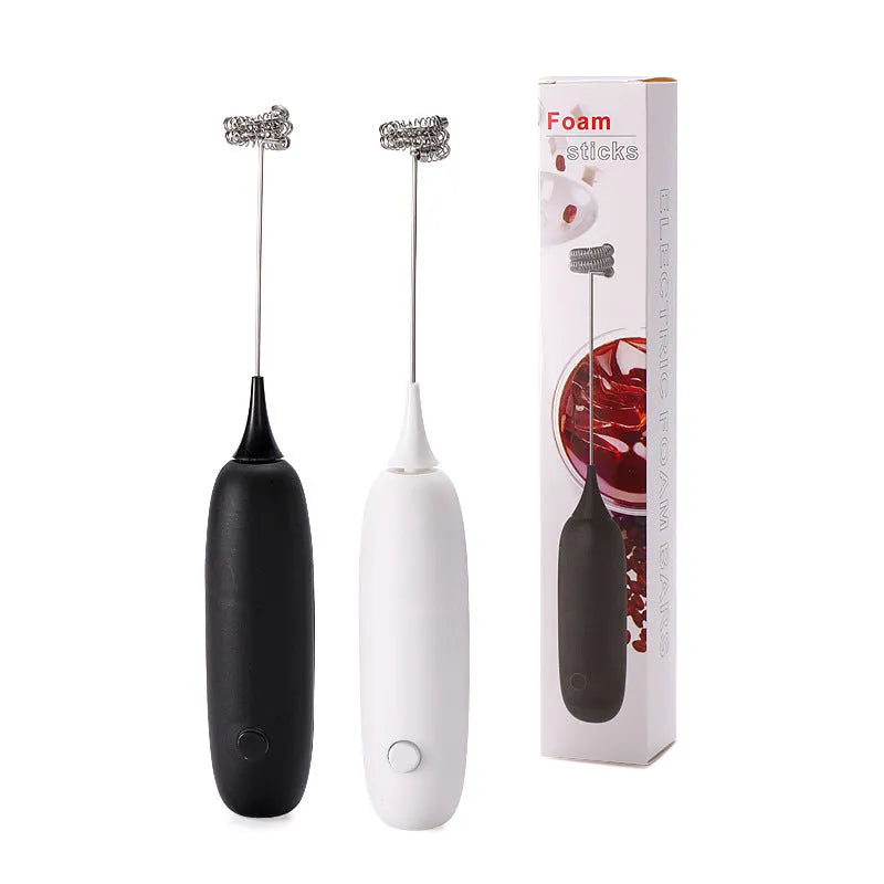 Black and white handheld electric milk frother blender for coffee milk frothing