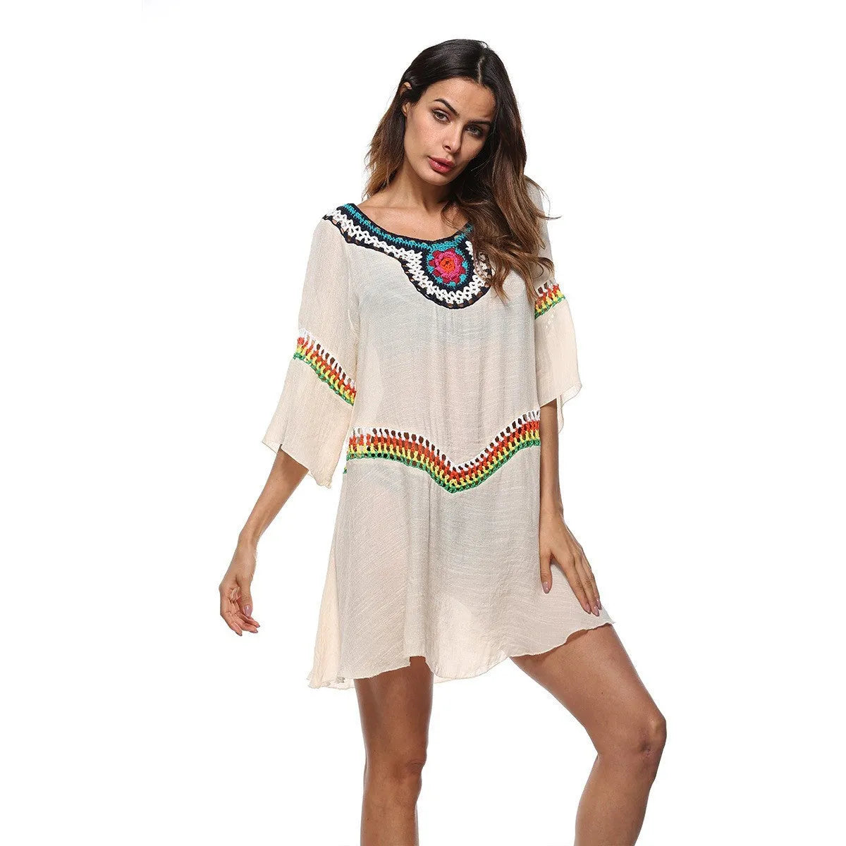 Crocheted white sun protection beach cover-up top for women, loose fit.