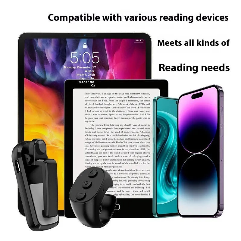 Wireless page turner remote control and clicker for e-readers and tablets in black, white, or pink.