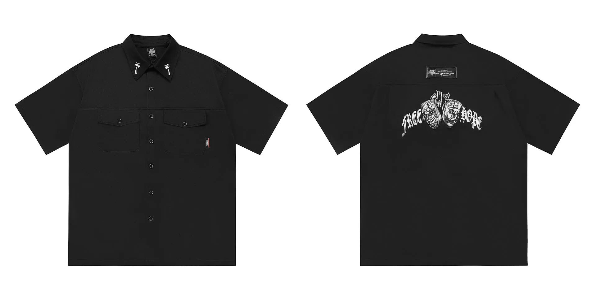 Men's black loose fit cotton blend pocket shirt with half sleeves and embroidered detail on a hanger.