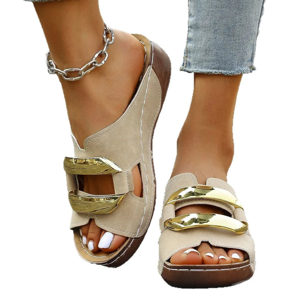 Roman style platform sandals in black, white, khaki, and sea blue colours on a rubber sole.