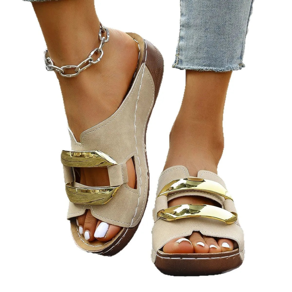 Roman style platform sandals in black, white, khaki, and sea blue colours on a rubber sole.