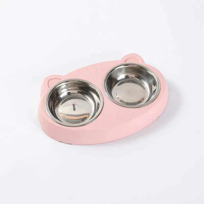 Blue macaron-shaped plastic pet feeding tray with two bowls for cat or dog food and water.
