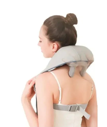 Creamy white rechargeable shoulder and neck massager with kneading function and infrared physiotherapy.