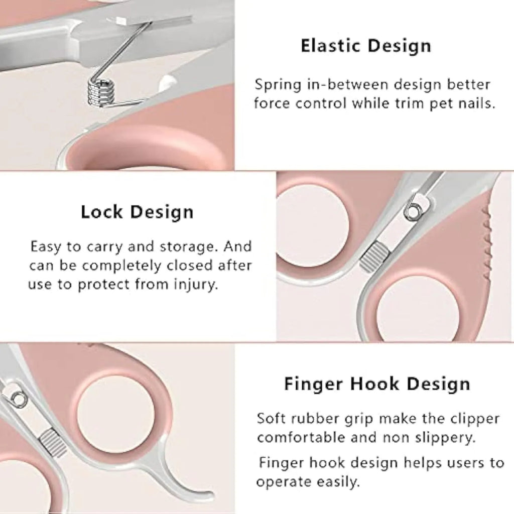 Grey and pink angled blade cat nail clippers with safety guard and non-slip handles for small pets.
