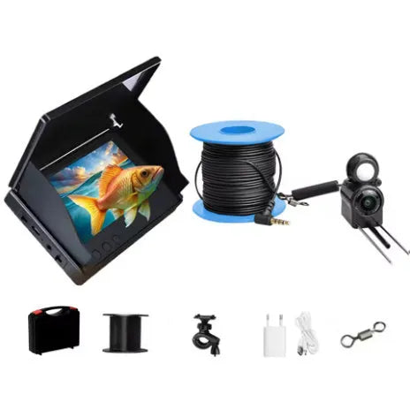 HD underwater fish finder camera with 4.3-inch screen, wide-angle lens, and night vision lights on a box.