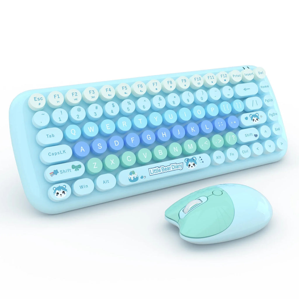 Candy Pink wireless keyboard and mouse set on a desk with USB receiver