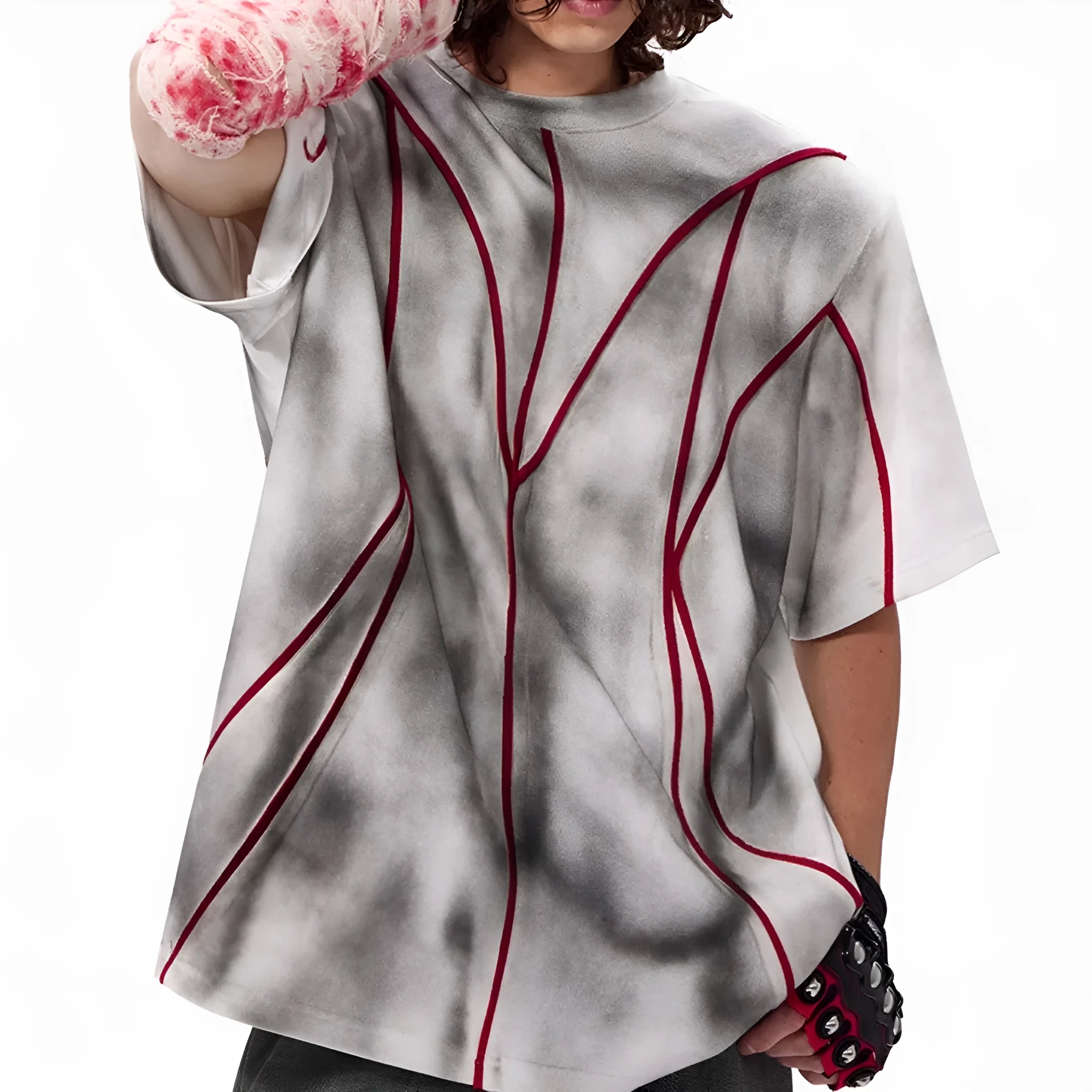 Short sleeve T-shirt with padded shoulders and three-dimensional patchwork design