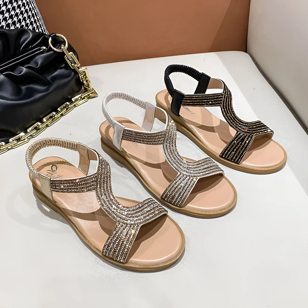 Gold women's PU patent leather beach sandals with rhinestones and a round toe.
