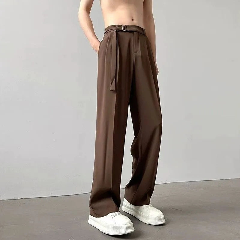 Black wide leg trousers with straight leg opening and loose fit casual style